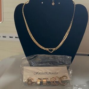 Gold Heart Necklace and Bracelet Set